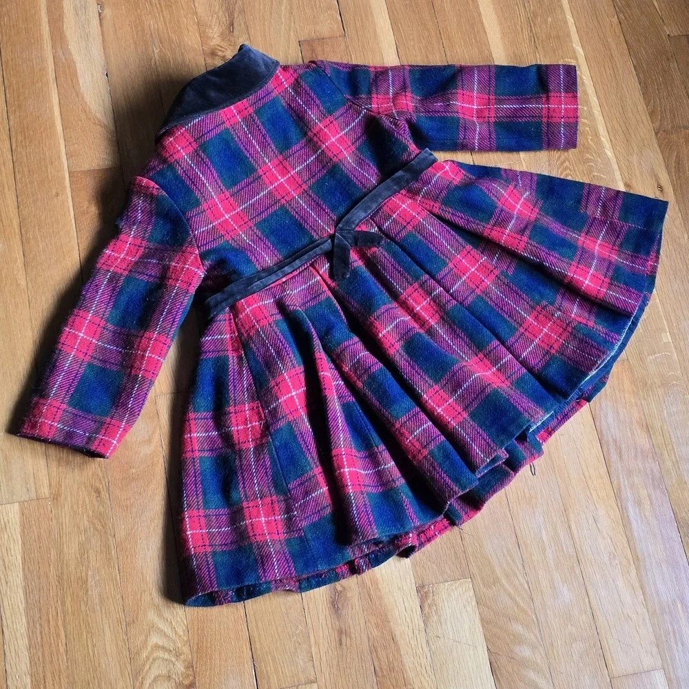 Rothschild Of Philadelphia Vintage Girls Coat Red Black Wool Plaid Velvet Trim 4